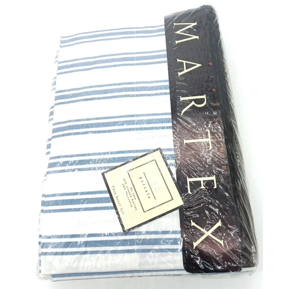 Vtg Martex Tuxedo Stripe Wedgewood Blue 180 Percale No Iron Twin Sheet Set NIP